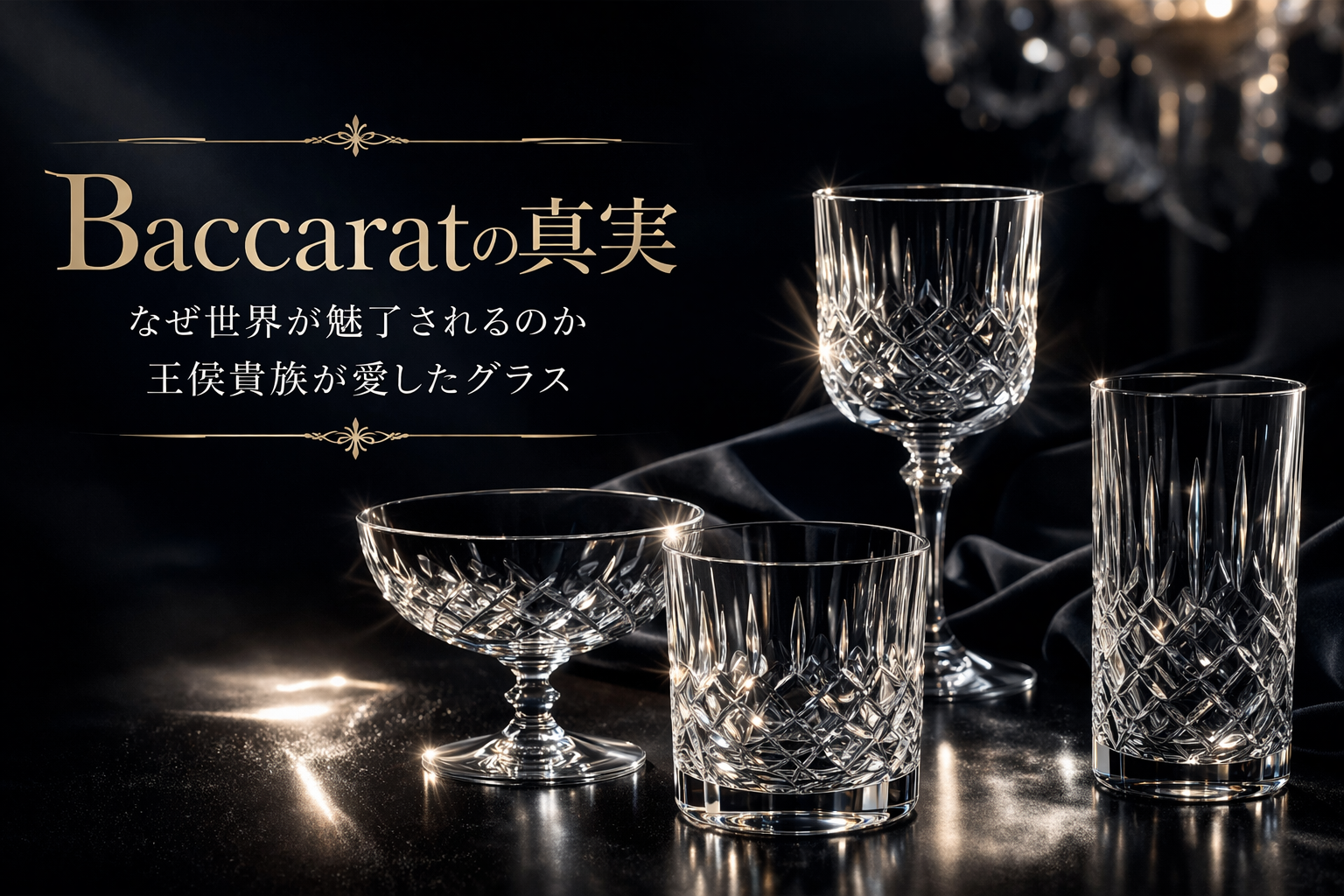 バカラの高級クリスタルグラスが暗い背景で輝くラグジュアリーなイメージ