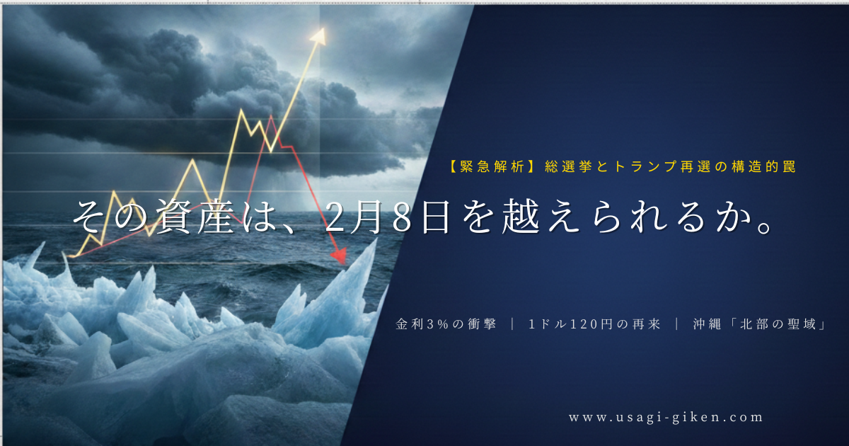 2026年衆議院選挙とトランプ再選後の経済見通しを解析するチャート図と荒波のアイキャッチ画像。資産防衛、プラチナ投資、沖縄離島不動産への展望