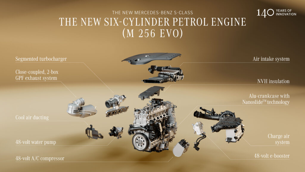 The new Mercedes-Benz S-Class: The six‑cylinder petrol engine (M 256 Evo) now responds even more dynamically, with torque increased up to 600 Nm. Key improvements include a more powerful electric auxiliary compressor, optimised intake and exhaust ports, and a revised intake camshaft. Enhanced insulation measures provide superior noise and vibration damping, creating an exceptionally calm ambience at any speed. The plug-in hybrid option combines this upgraded six-cylinder engine with a powerful electric motor, increasing system output by up to 55 kW over the previous engine generation and delivering an even smoother and more responsive drive.