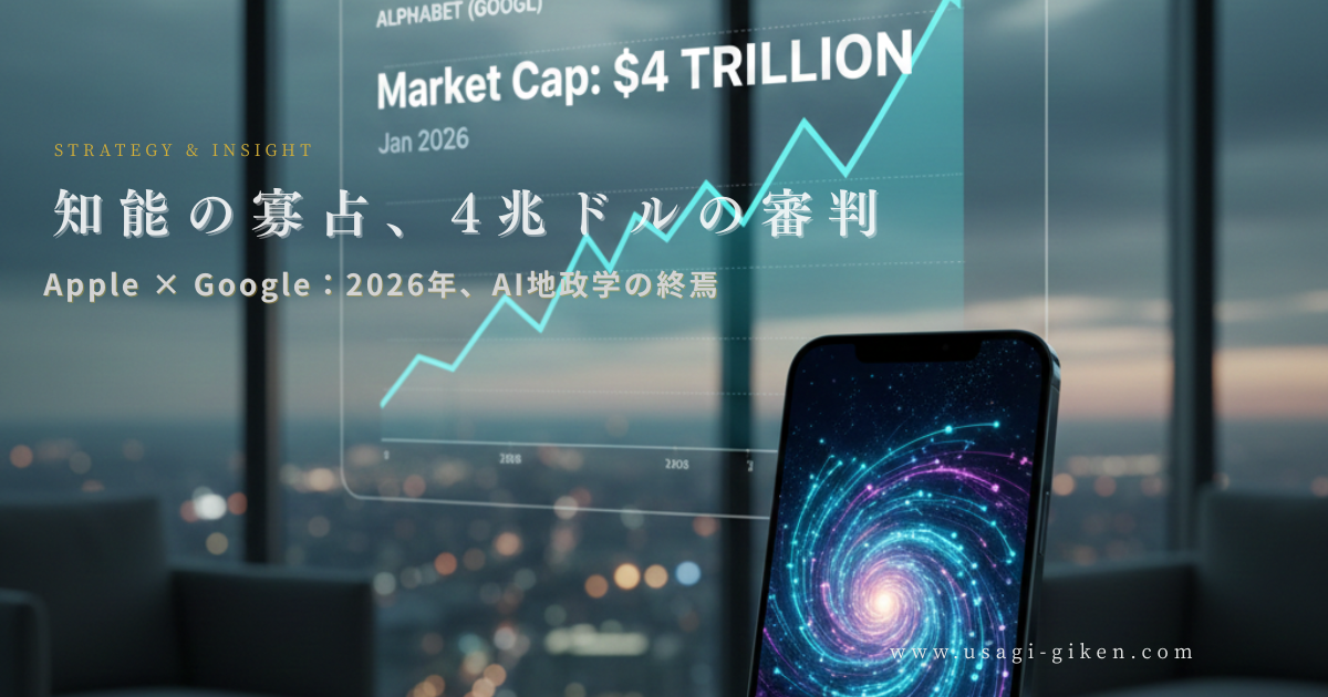 最新のiPhoneに映るGemini 3の光の渦と、背景にある時価総額4兆ドルを象徴するAlphabetの株価チャート。