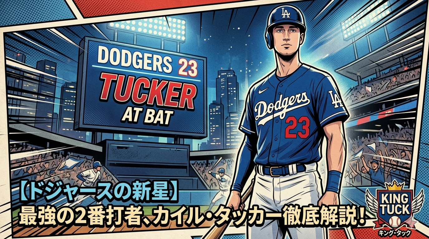 ドジャースのユニフォームを着たカイル・タッカーのアメコミ風イラストアイキャッチ。背景にスタジアムと「DODGERS 23」「TUCKER AT BAT」の文字、最前面に記事タイトル「【ドジャースの新星】最強の2番打者、カイル・タッカー徹底解説！」の日本語テキスト。