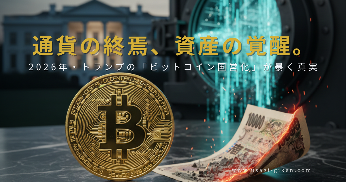 2026年のトランプ政権によるビットコイン戦略的備蓄（SBR）開始と、価値を失い燃える日本円、背後にそびえるホワイトハウスと銀行の金庫を象徴するイメージ画像