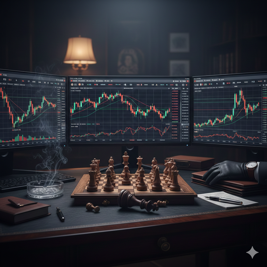 為替チャートと戦略を象徴するチェスのビジュアル