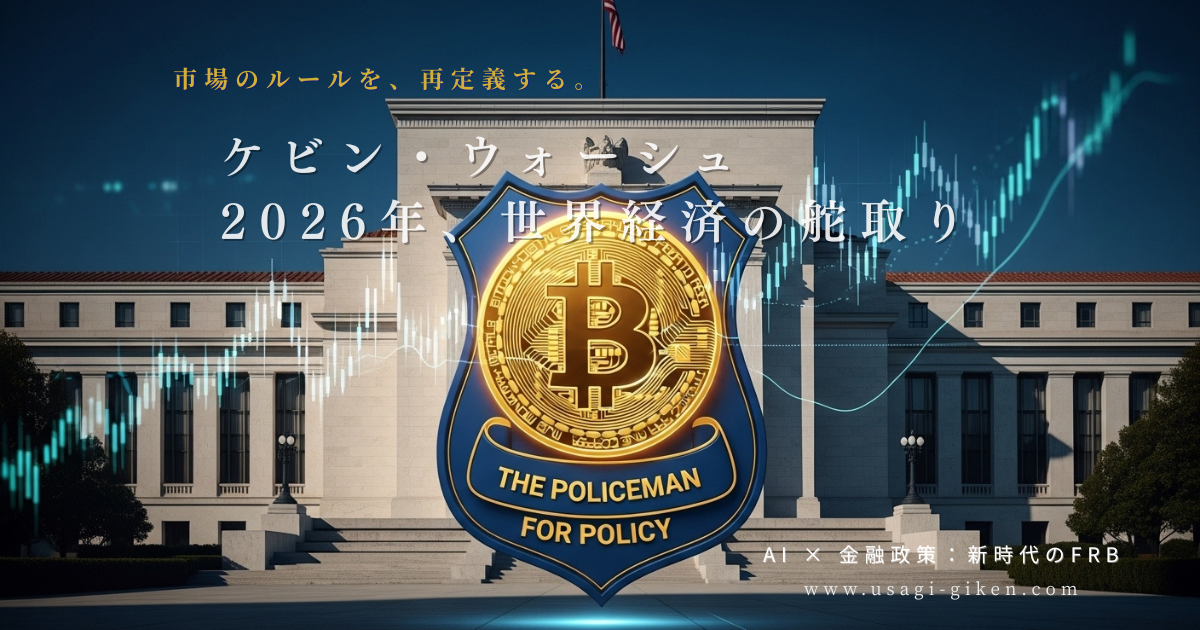 FRB建物を背景にビットコインのエンブレムと上昇チャートが描かれた、ケビン・ウォーシュ次期議長による新金融政策のイメージ図。