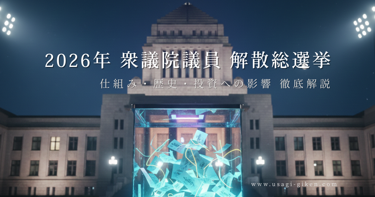 夜の国会議事堂を背景に、中央で青白く光るガラスの投票箱の中に多くの投票用紙が舞っているイメージ画像。2026年衆議院解散総選挙の資産防衛と経済予測を象徴するデザイン。