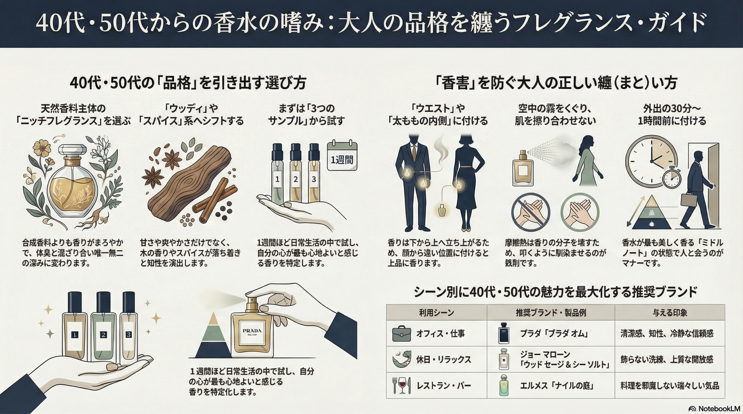 40代・50代からの香水の選び方と正しい付け方のまとめ図解。シーン別推奨ブランド一覧付き。