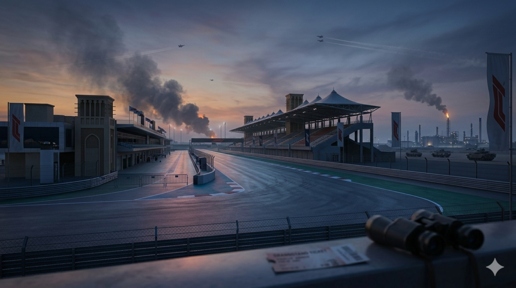 2026年F1中東グランプリの開催危機を象徴するイメージ。夕暮れのサーキットの背景に煙が上がり、手前には観戦チケットと双眼鏡が置かれている。