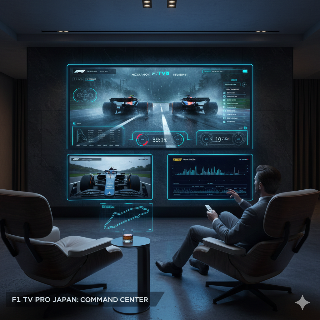FODで解禁されたF1 TV Proを活用し、自宅を「観戦司令室」に変えた視聴環境のイメージ。複数のモニターにオンボード映像やライブタイミングデータが表示されている。