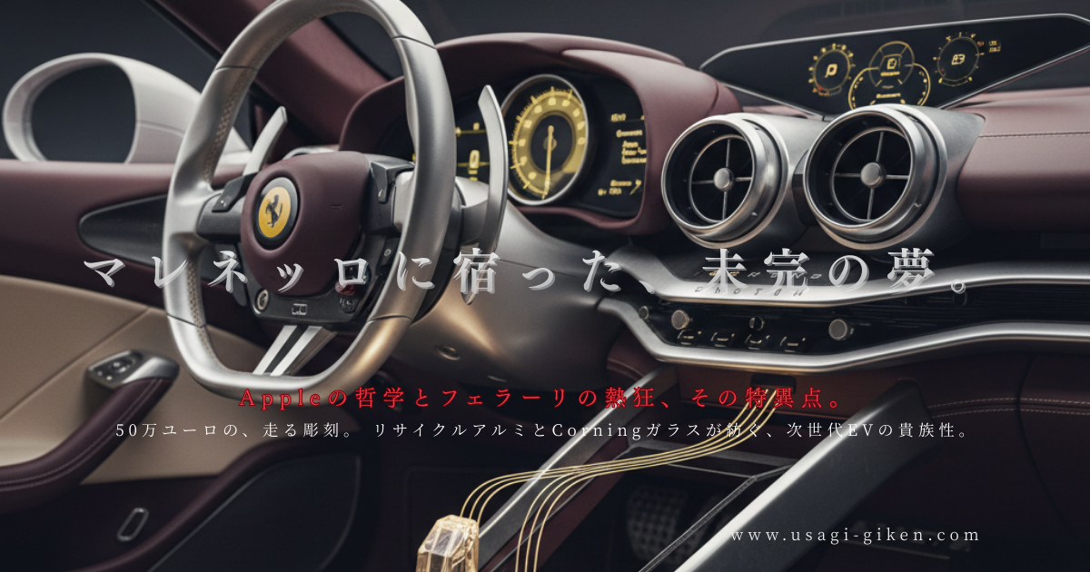 ボルドーとクリームの気品あるレザーに包まれたフェラーリ Luce のコックピット。光を放つクリスタル状のキーから車体へとエネルギーが流れる「生命の転送」の瞬間。