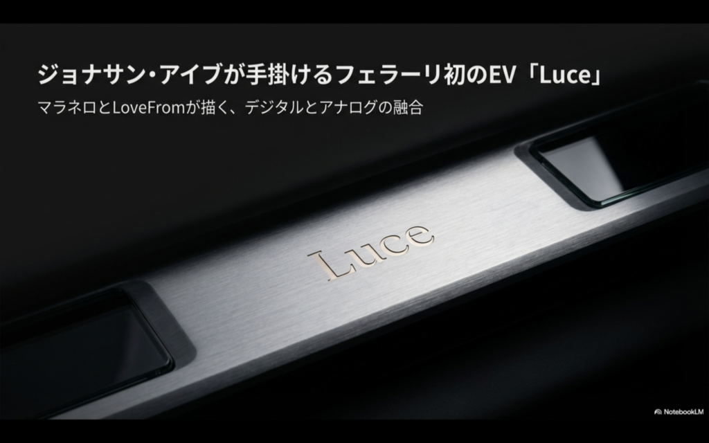 フェラーリLuceのインテリア全景スケッチと、最高出力730kW、予定価格約8,000万円以上などの基本スペックをまとめたサマリー画像