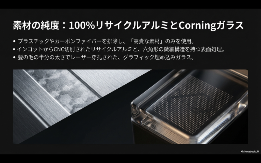 六角形の微細構造を持つアルミ表面と、レーザー穿孔によるグラフィック埋め込みガラスのディテール画像