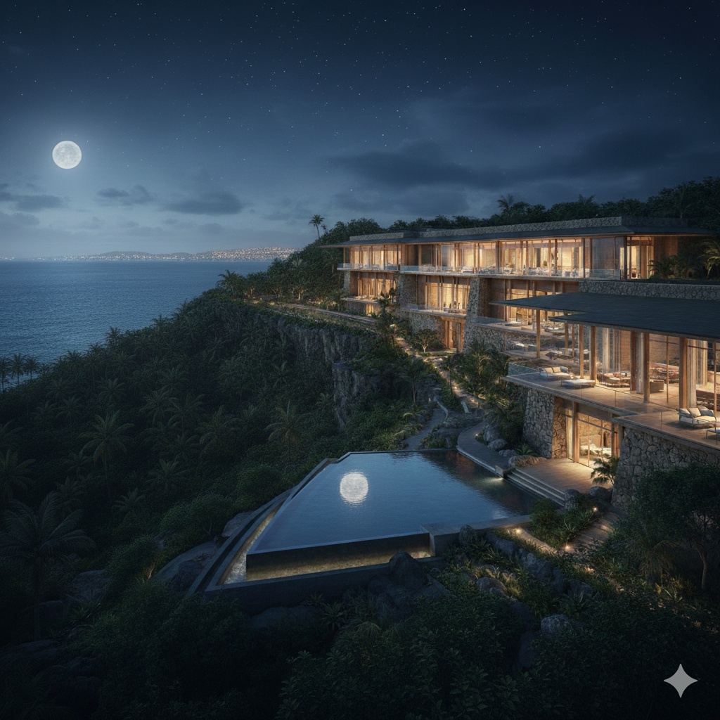 沖縄・恩納村の小高い丘に建設予定のフォーシーズンズ リゾート 沖縄をイメージした、隈研吾氏の建築哲学を感じさせる夜のラグジュアリーな外観
