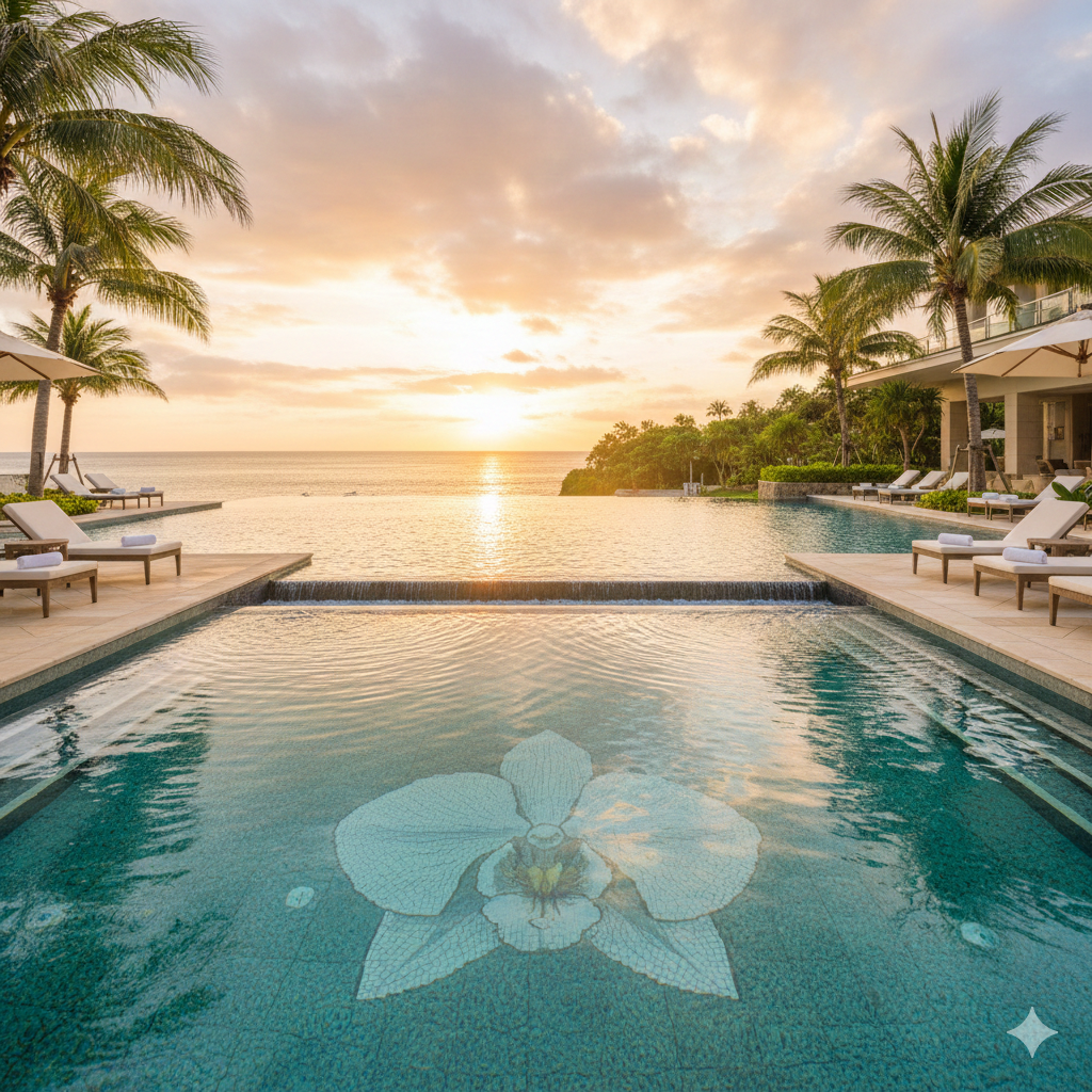 夕暮れ時の沖縄のラグジュアリーホテル。底にオーキッドの模様が描かれた美しいインフィニティプールと、海に沈む夕日の絶景。