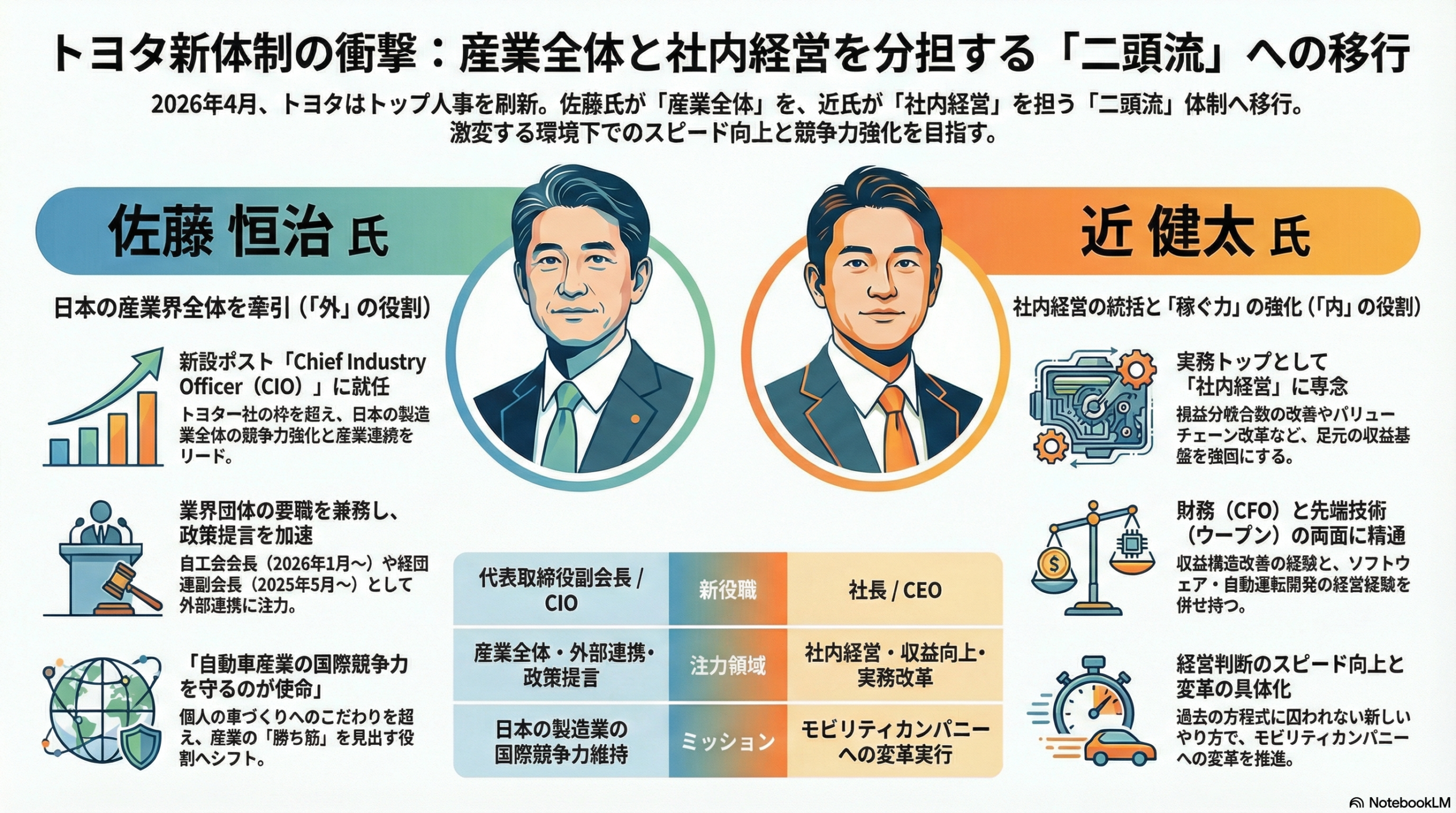 トヨタ自動車の新体制図。佐藤恒治氏（代表取締役副会長／CIO）と近健太氏（社長／CEO）が産業全体と社内経営を分担する二頭流体制の解説。