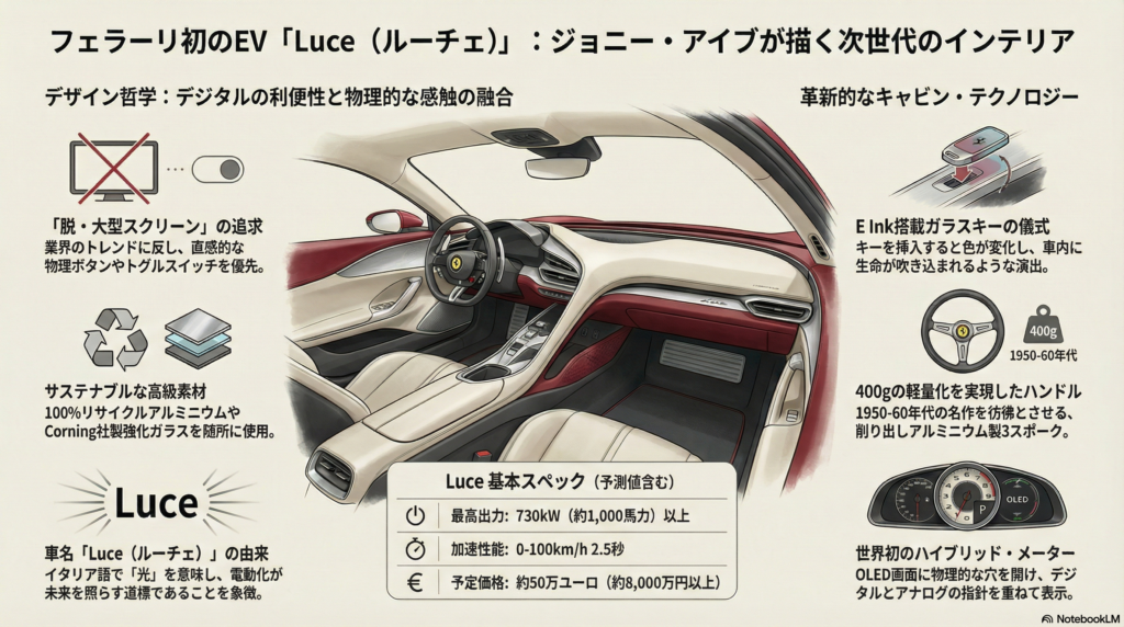 フェラーリLuceの車内スケッチと主要スペック（最高出力730kW以上、0-100km/h 2.5秒など）をまとめた図解