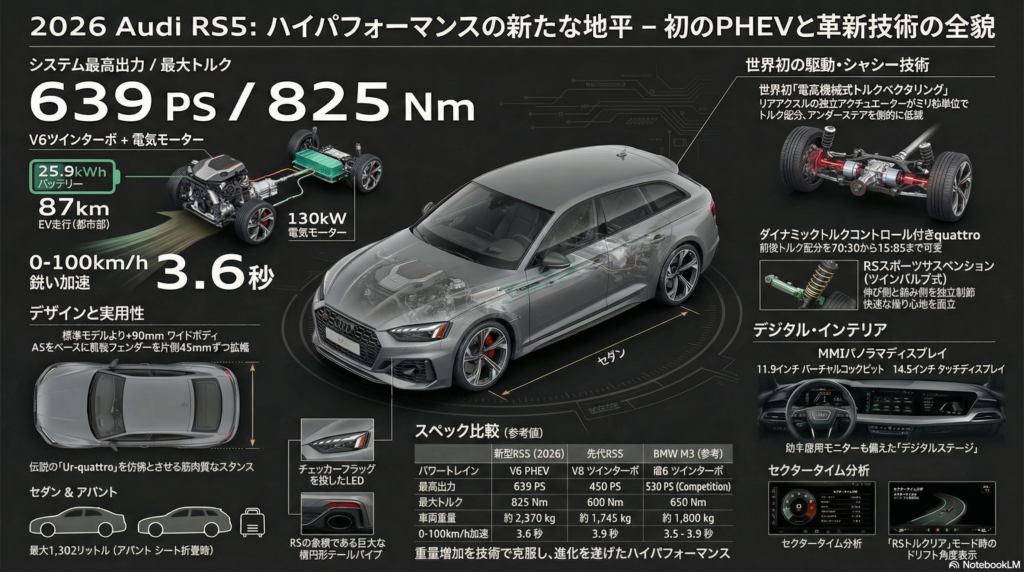 新型アウディRS5(2026)PHEVと革新技術の全貌イラスト