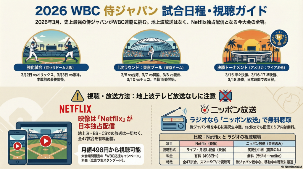 2026年WBCの試合日程と視聴方法をまとめたインフォグラフィック。3月の強化試合(京セラドーム)、1次ラウンド(東京ドーム)、決勝トーナメント(マイアミ)の日程に加え、映像はNetflixでの独占有料配信(月額498円〜)、音声はニッポン放送での無料中継があることを説明している。