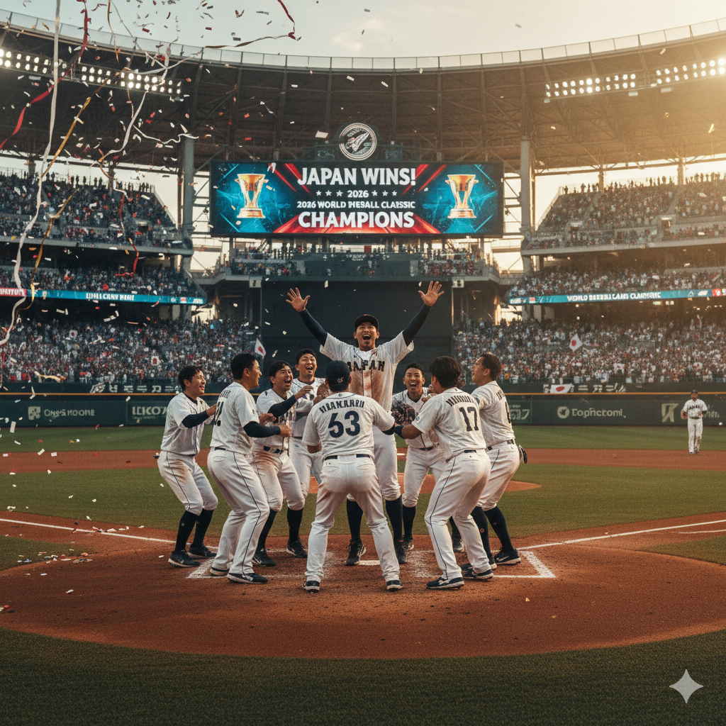 2026年WBCの決勝戦後、スタジアムのマウンド上で歓喜し合う侍ジャパンの選手たち。背景の大型ビジョンには「JAPAN WINS! 2026 WORLD BASEBALL CLASSIC CHAMPIONS」の文字とトロフィーが映し出され、紙吹雪が舞う劇的な優勝シーン。