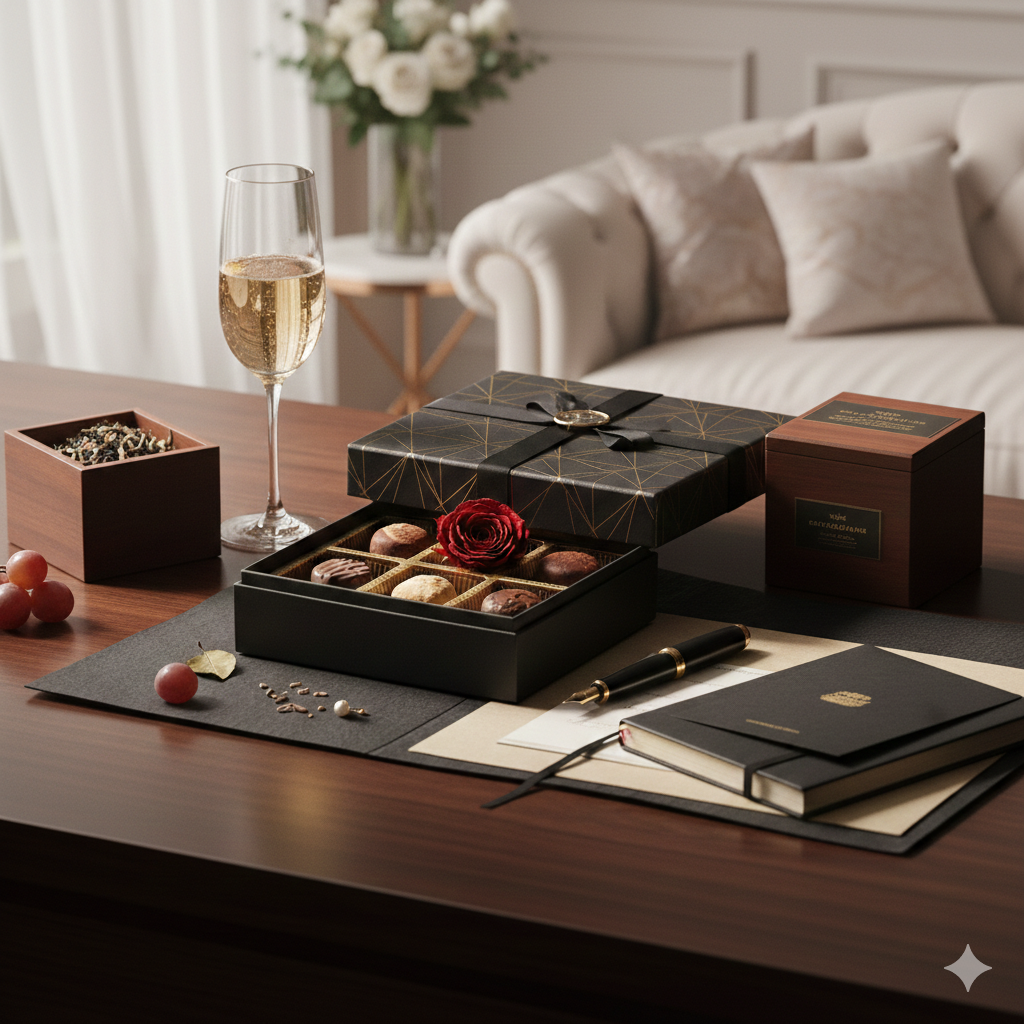 洗練された白いインテリアの部屋のテーブルに置かれた、高級なギフトボックスとシャンパングラス、そして一輪の薔薇。エグゼクティブなホワイトデーの返礼をイメージした静物写真。