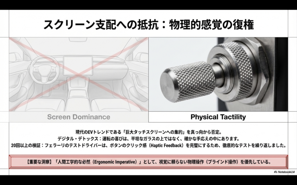 フェラーリLuceのコックピット思想。巨大スクリーンを否定し、アルミ削り出しのトグルスイッチに焦点を当てた比較画像