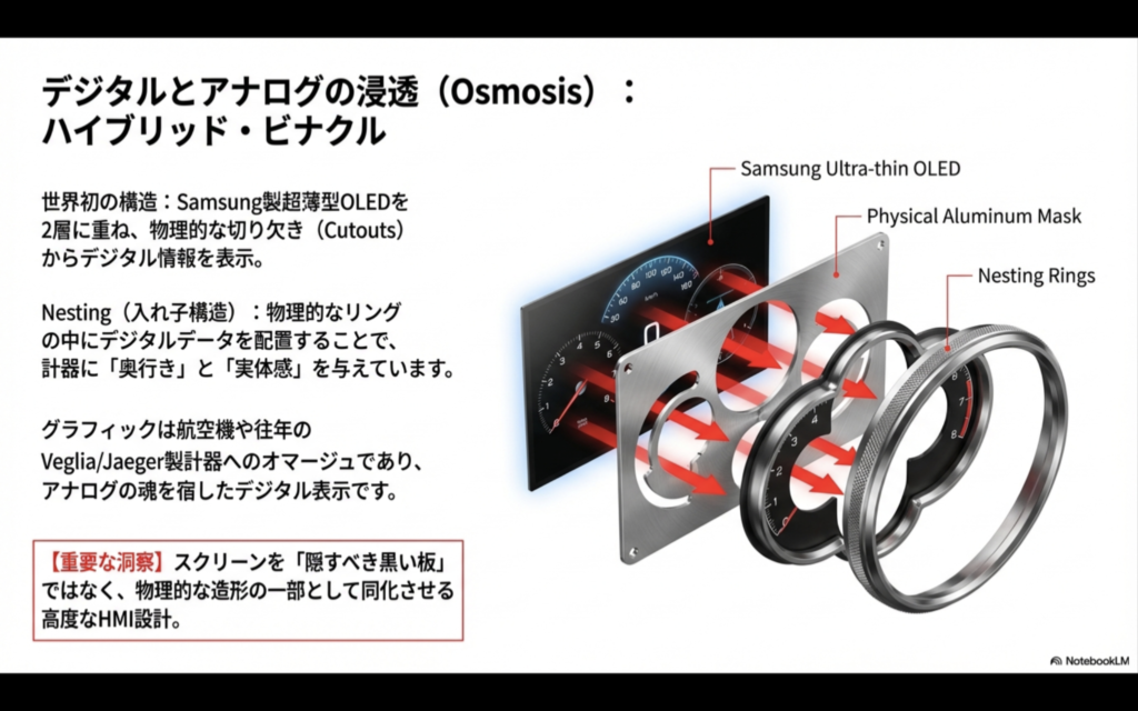 Samsung製超薄型OLEDと物理的なアルミマスク、ネステッドリングを重ね合わせた多層構造の計器クラスター