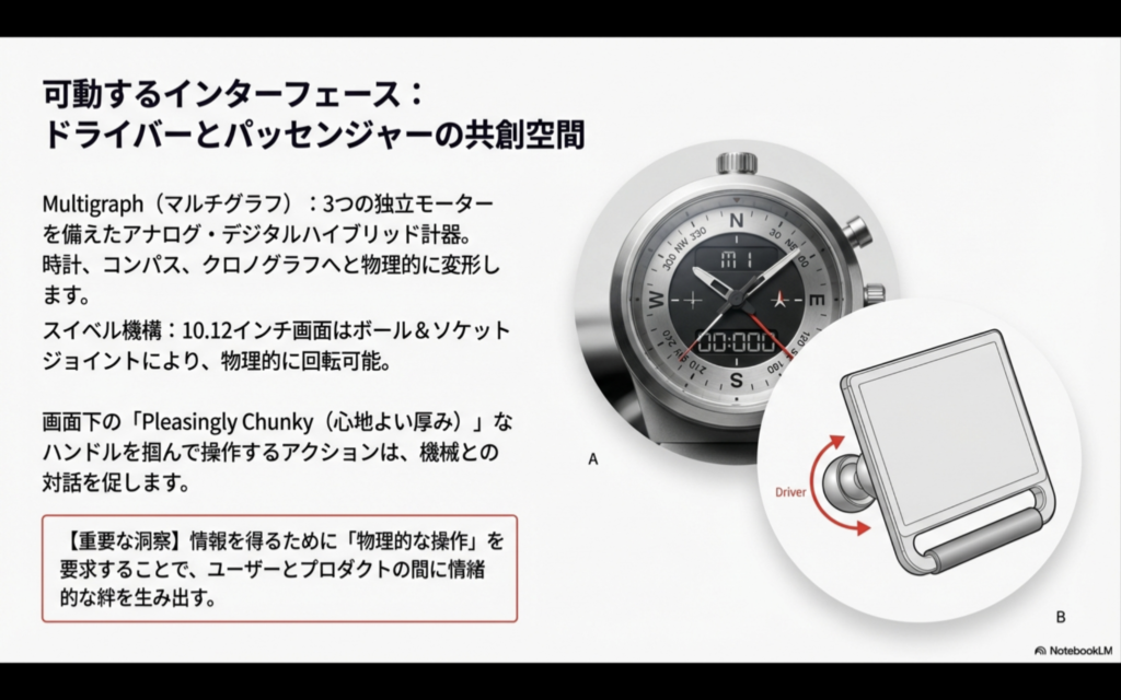 時計やコンパスに変形するアナログ・デジタルハイブリッド計器と、可動式10.12インチ画面の図解
