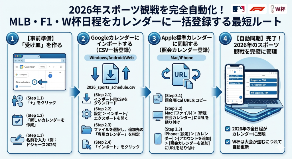 2026年スポーツ観戦日程（MLB・F1・W杯）をカレンダーへ一括登録する4ステップの手順図。1.Googleカレンダーで新しいカレンダーを作成、2.CSVファイルをインポート、3.Mac/iPhone向けに照会用URLを登録、4.全日程がデバイスに同期される流れを解説。