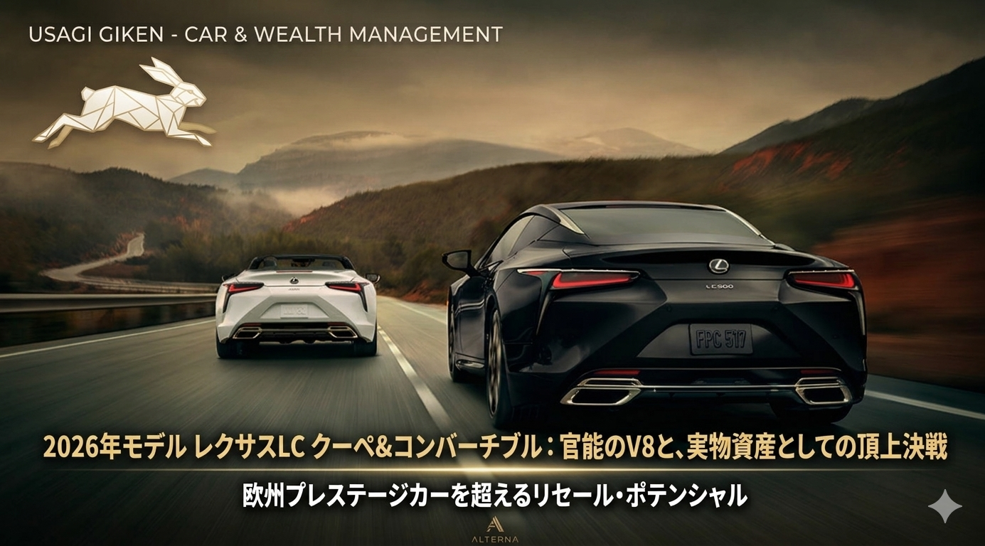 山道を疾走する2026年モデルのレクサスLC 500 クーペ（黒）と2026年モデルのレクサスLC 500 コンバーチブル（白）。欧州車とリセールバリューを比較するアイキャッチ画像。