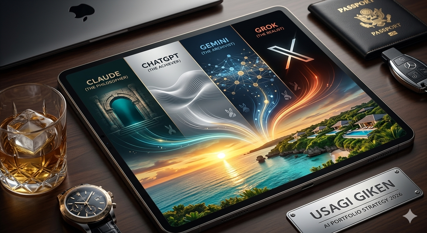 2026年版AI（Claude, ChatGPT, Gemini, Grok）の使い分け戦略を象徴するグラフィックと、沖縄のラグジュアリーリゾートヴィラの絶景を融合させたアイキャッチ画像。