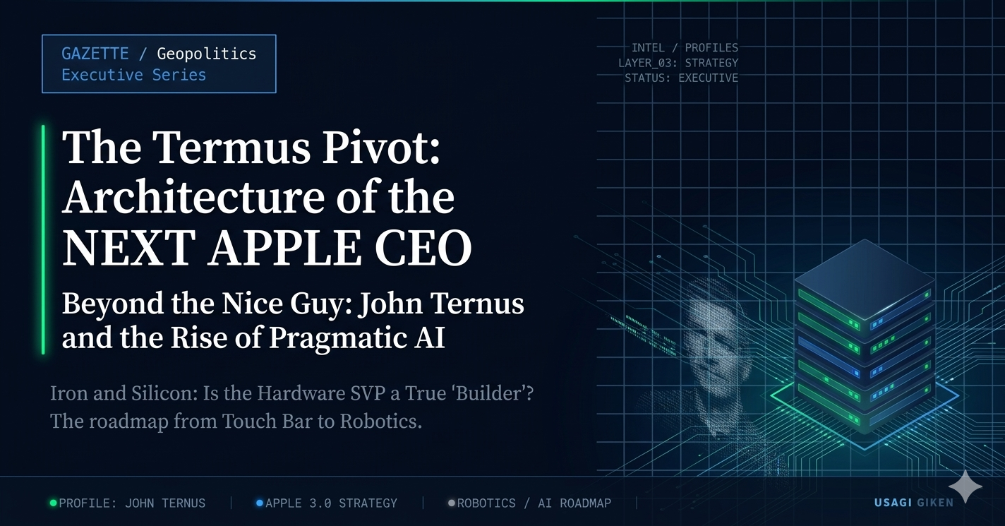GAZETTE / Geopoliticsと書かれた青いボックスの横に、日本語で「ターナス流の転換点：次期Apple CEOのアーキテクチャ」と書かれたエレガントなアイキャッチ画像。右側にはサーバーラックのアイコン。