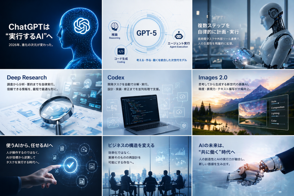 ChatGPTの主要機能 Deep Research Codex Images 2.0の違いを示す図