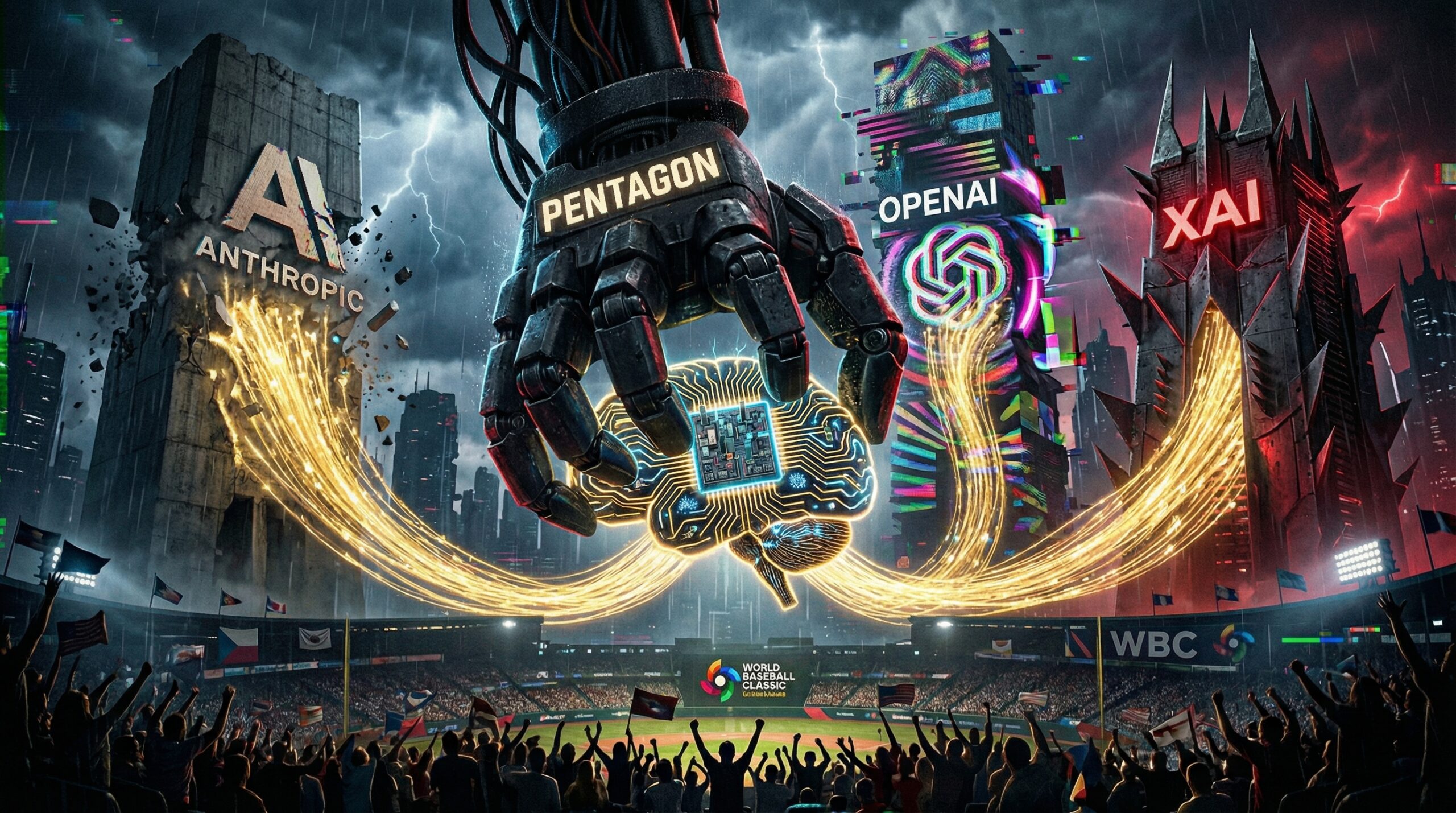 ペンタゴンの巨大なメカニカルハンドが回路基板の脳を掴み、その背後にアンソロピック、オープンAI、XAIのロゴが掲げられた近未来のビルがそびえ立ち、前景にはワールド・ベースボール・クラシック（WBC）観客席があるディストピア的な風景