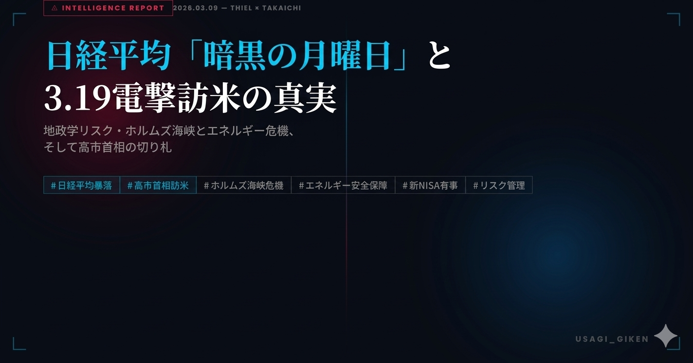2026年3月9日の日経平均株価暴落と高市首相の3.19訪米を報じる緊急経済レポート風のアイキャッチ画像。背景はダークトーンでサイバーなデザイン。