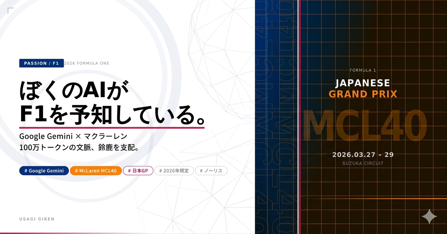 2026年F1日本GPに向けたマクラーレンMCL40とGoogle Geminiのコラボレーション記事アイキャッチ画像。左側に「ぼくのAIがF1を予知している。」というキャッチコピー、右側にグリッド状のサイバーパンクなデザインとMCL40のロゴが配置されている。