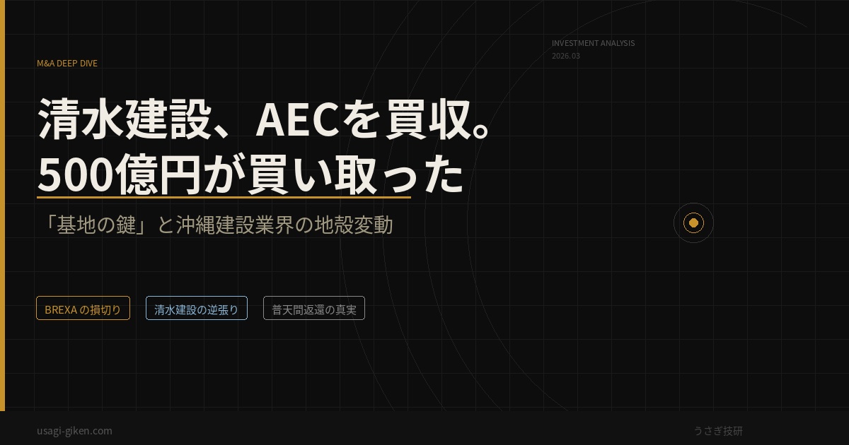 清水建設によるAEC（American Engineering Corporation）買収を報じるインフォグラフィック。「500億円が買い取った基地の鍵」というキャッチコピーと、売り手BREXAの損切り・清水建設の逆張り・普天間返還の真実という3つのキーワードを配置。