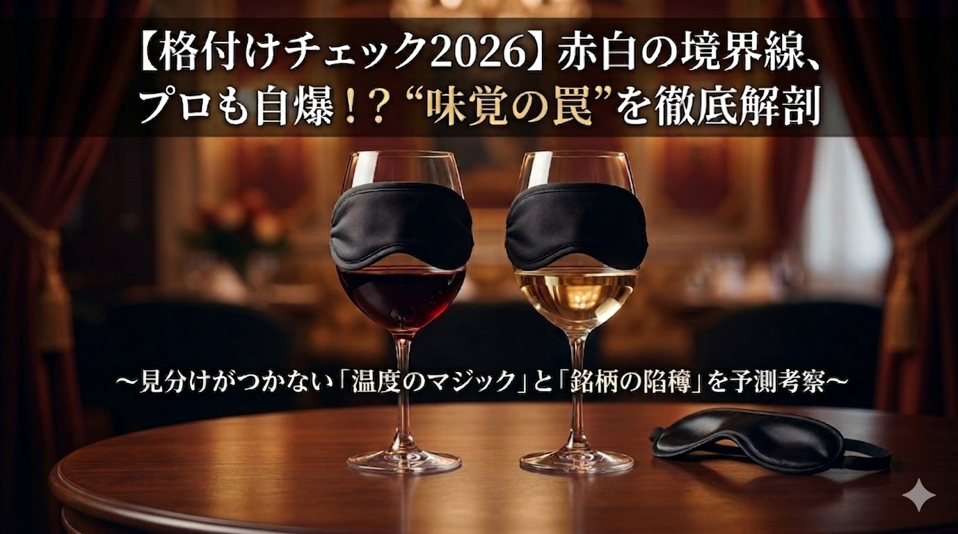 格付けチェック2026のブラインドテストをイメージした、アイマスクを装着した赤ワインと白ワインのグラス。