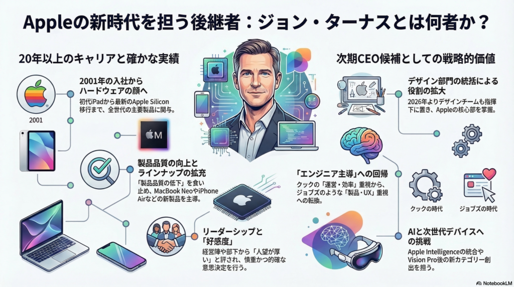 Appleの次期CEO最有力候補とされるジョン・ターナス（John Ternus）の経歴・人物像・実績をまとめたインフォグラフィック。2001年の入社からハードウェアエンジニアリング上級副社長に至る歩みと、Apple Silicon移行などの主な実績を解説。