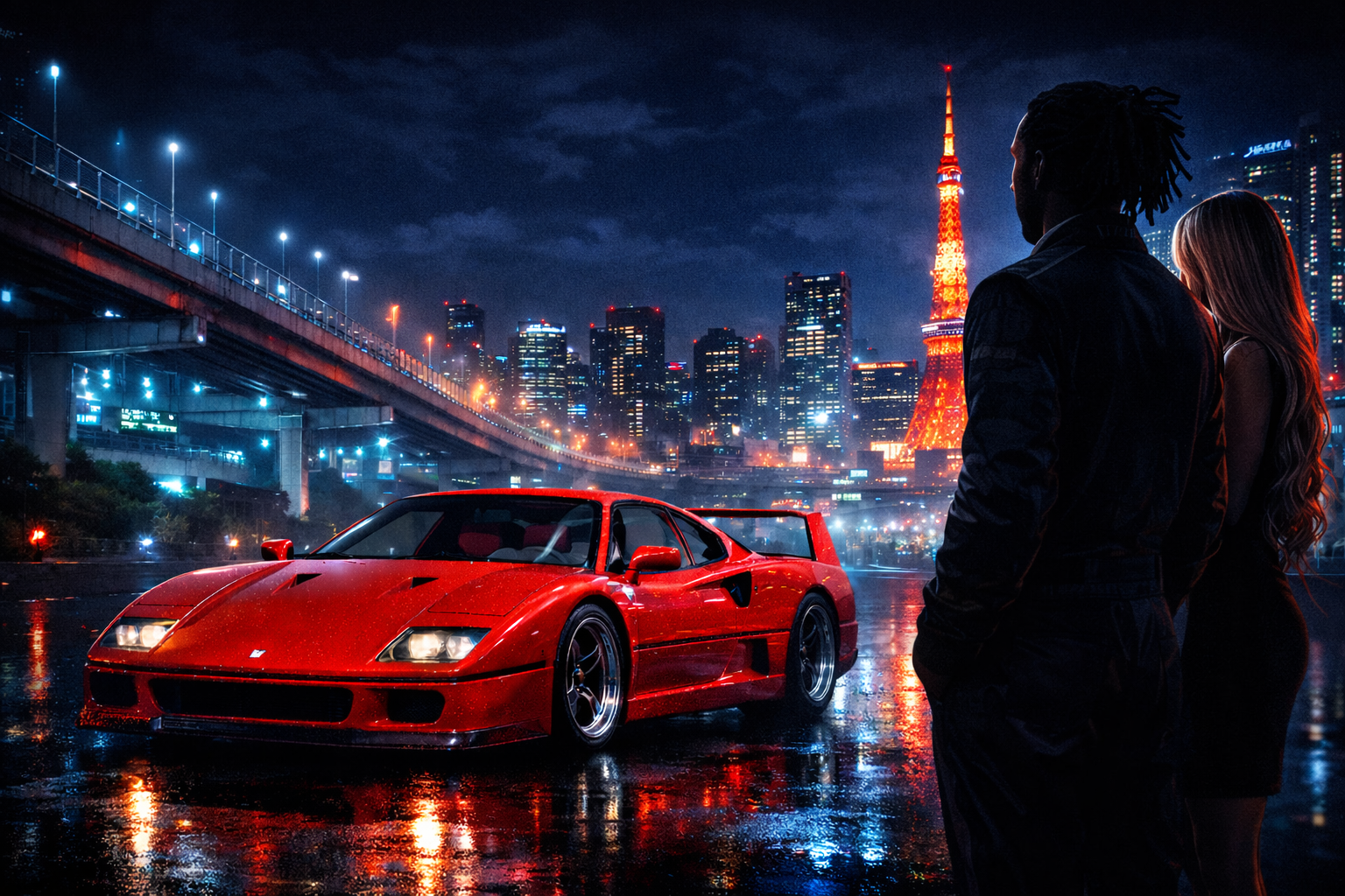 ルイスハミルトンの資産戦略を象徴する東京の夜と赤いスーパーカーと投資グラフを持つ人物のシルエット