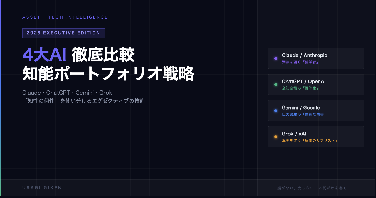 Claude・ChatGPT・Gemini・Grokの4大AI比較と知能ポートフォリオ戦略を示すインフォグラフィック（2026年版）