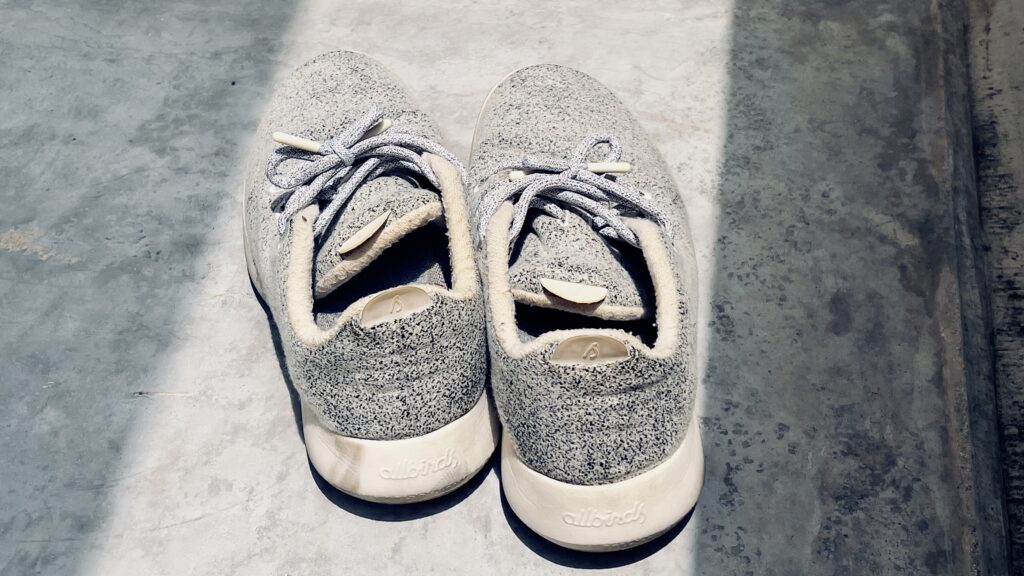 無機質なコンクリートの床に置かれたAllbirds Wool Runner。強い日差しが影を作り、かつてのDTCの寵児が残した足跡と、現在の荒廃感を象徴している。