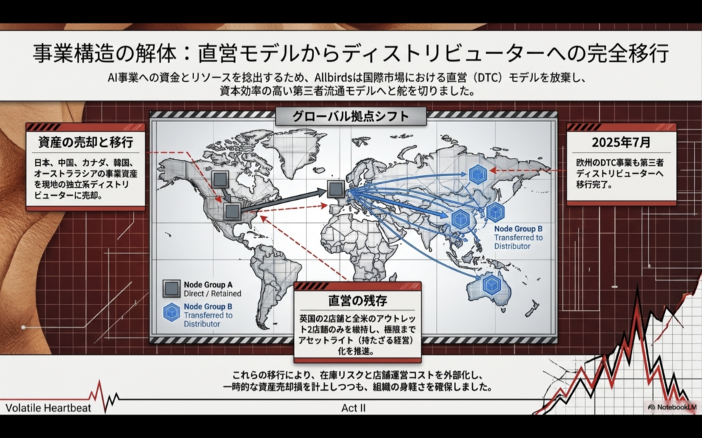 Allbirdsの事業構造解体図解。国際市場における直営（DTC）モデルを放棄し、日本、中国、欧州、オーストララシアの事業資産を第三者ディストリビューターへ売却。青色の矢印が代理店への移行（Node Group B）を示し、資本効率の高い第三者流通モデルへの舵切りを証明している。