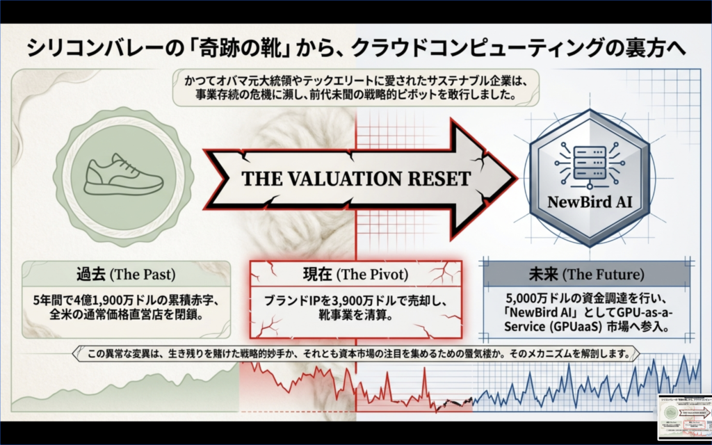 Allbirdsの劇的転換：「シリコンバレーの「奇跡」からAIインフラ企業へ。左側に沈没する船と全米直営店閉鎖、累積損失4億ドルのデータ。右側に不死鳥とGPUサーバー、株価876%急騰のデータがあり、靴事業の切り離しとAI転換への再定義を対比させている。