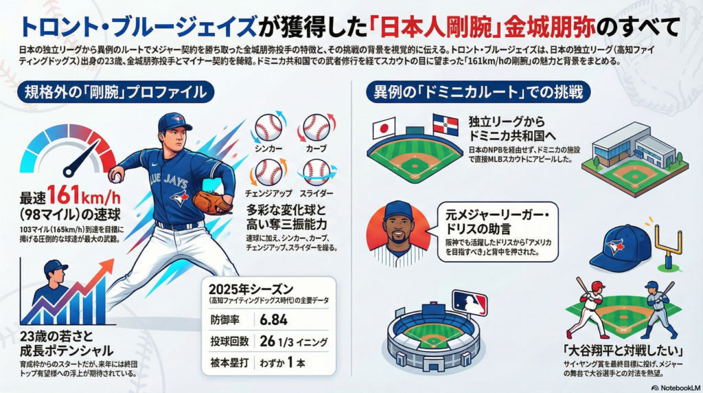 トロント・ブルージェイズの青いユニフォームを纏い、マウンドから161km/hの剛腕を振るう金城朋弥投手のイメージ。