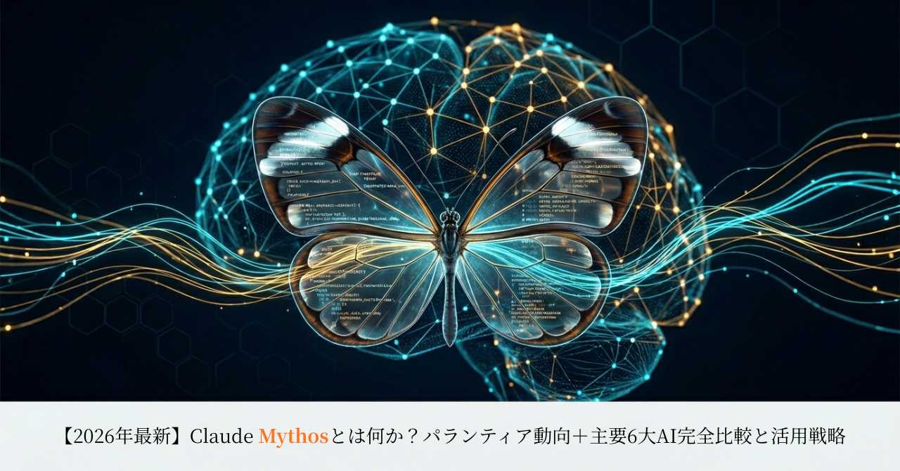 Claude Mythosの概念図：蝶の羽に刻まれたAI設計書と脳のネットワーク、2026年の主要AI比較とパランティア動向の解説アイキャッチ