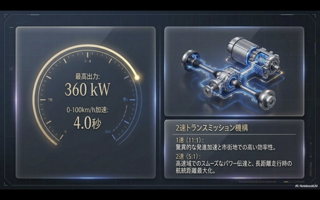 電動Cクラス（2026年）パワートレイン解説図。最高出力360kW・0-100km/h加速4.0秒のスペックと、1速11:1・2速5:1の2速トランスミッション機構を日本語で図解したインフォグラフィック