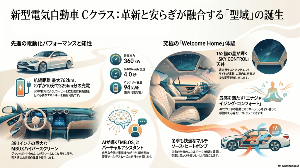 新型電気Cクラス（2026年）主要機能インフォグラフィック。航続距離・充電性能・MBUXハイパースクリーン・MB.OSなどをまとめた日本語解説図