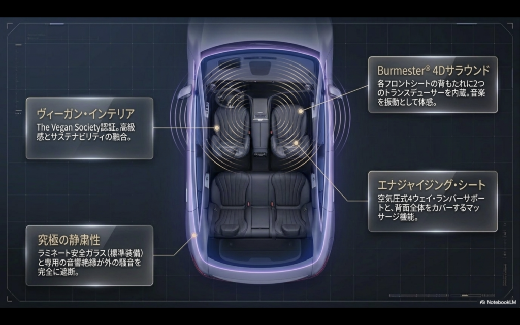 電動Cクラス（2026年）インテリア快適機能解説図。ヴィーガン・インテリア・Burmester 4Dサラウンド・エナジャイジングシート・究極の静粛性の4機能を俯瞰図で示した日本語インフォグラフィック