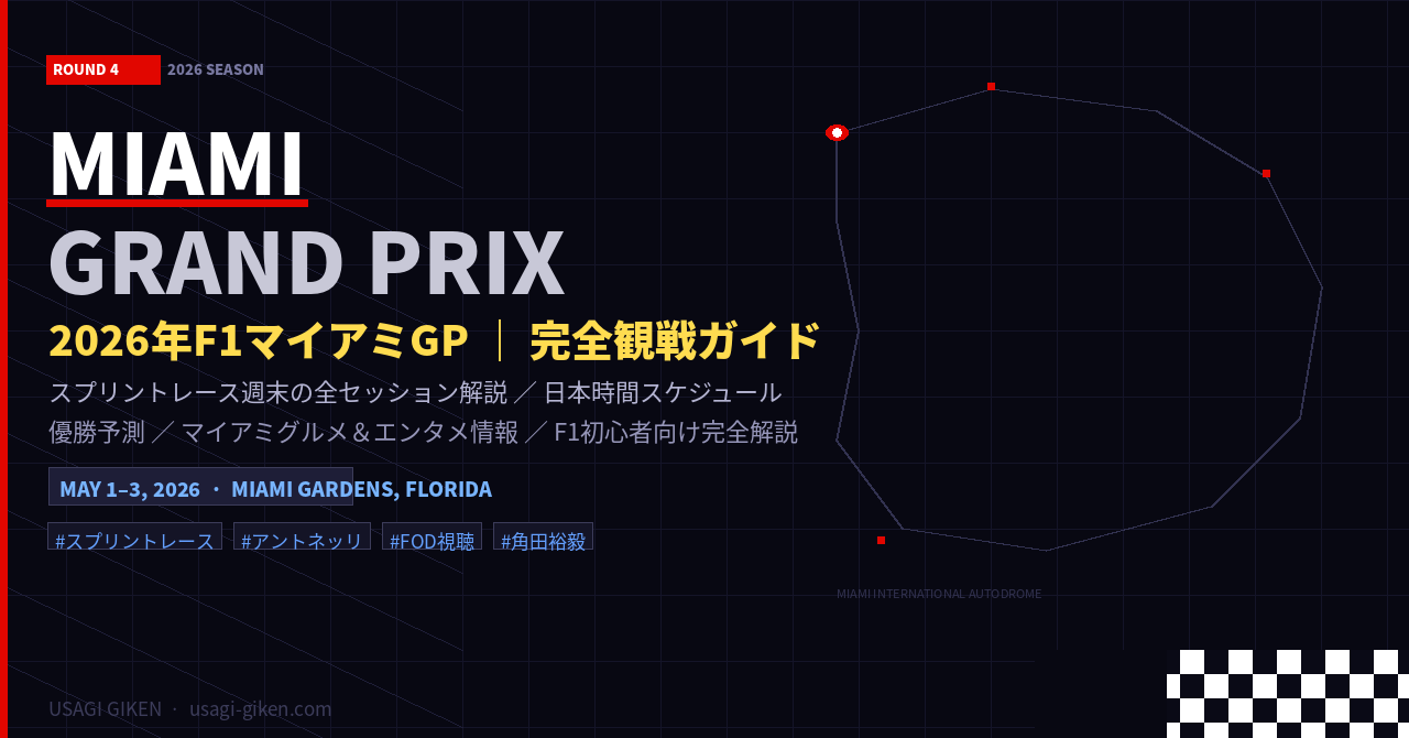 2026年F1マイアミGP観戦ガイドのアイキャッチ画像。マイアミ・インターナショナル・オートドロームのコース図と開催スケジュール。