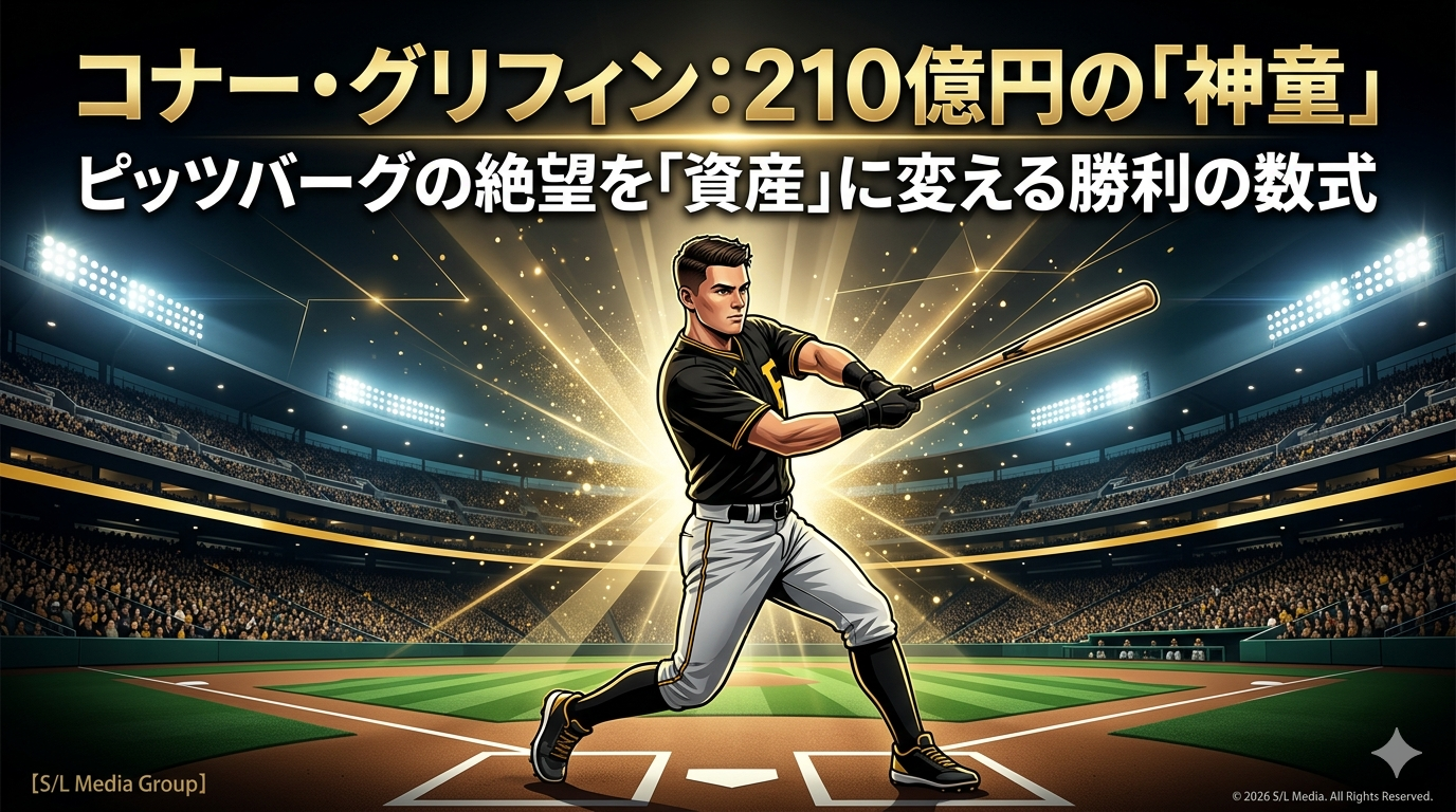 MLBピッツバーグ・パイレーツのユニフォームを着てバッティングを行うコナー・グリフィン選手のイラスト。背景には満員のスタジアムと黄金の光が描かれ、新時代のスター誕生を象徴している。