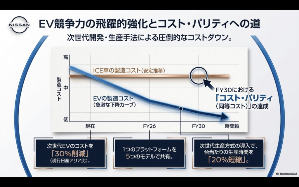 日産自動車のEV競争力強化ロードマップ。2030年度（FY30）に向けたEV製造コストの急激な下降カーブと、ガソリン車とのコスト同等（コスト・パリティ）達成の推移グラフ。